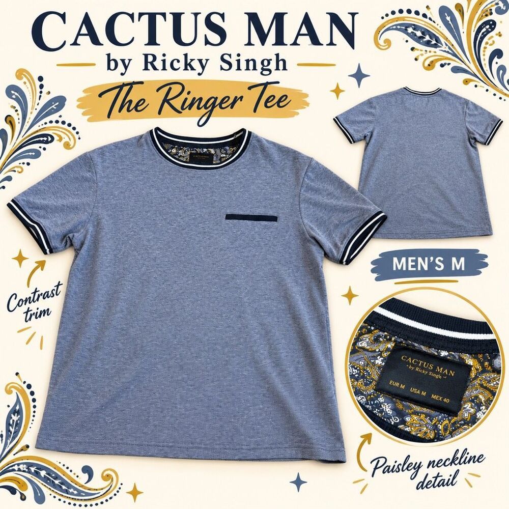 Cactus Man Ricky Singh Blue Gray Ringer T-Shirt Men’s Medium